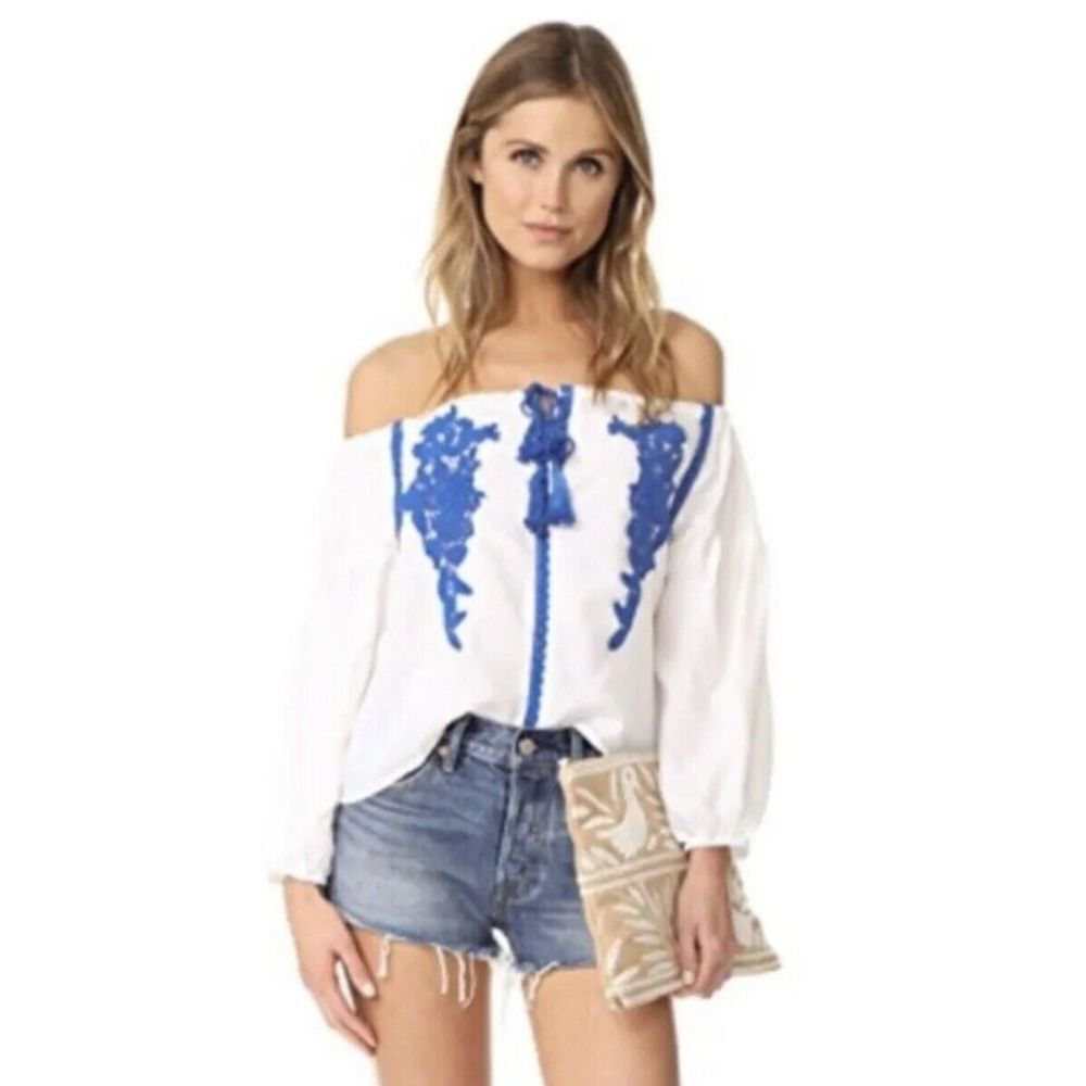Line & Dot Off-Shoulder Blouse with Blue Embroidery
